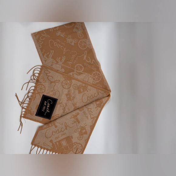 New Coach Logo Wool Cashmere Beige Tan Reversible Scarf - Picture 3 of 6